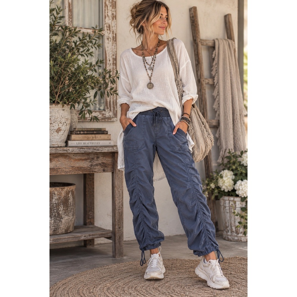 Wearables by XCVI Jules Pants XS Blue Ruched Boho Y2K Parachute Utility
